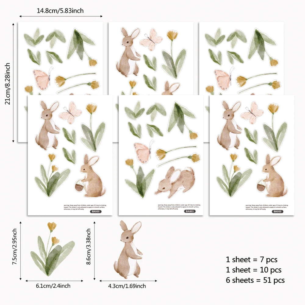 Summertime Watercolor Cute Bunnies and Flowers Nursery Wall Decal, Peel and Stick Reusable and Removable Kids Wall Stickers-HomeDecorDecals_com