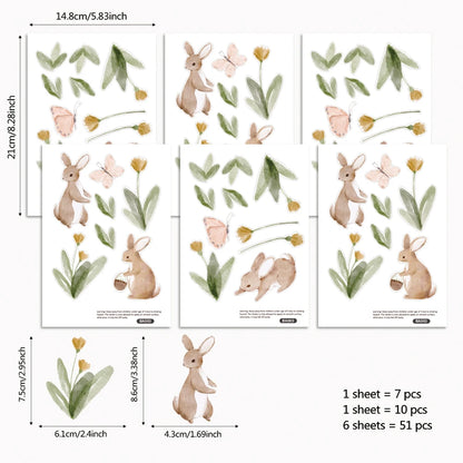 Summertime Watercolor Cute Bunnies and Flowers Nursery Wall Decal, Peel and Stick Reusable and Removable Kids Wall Stickers-HomeDecorDecals_com