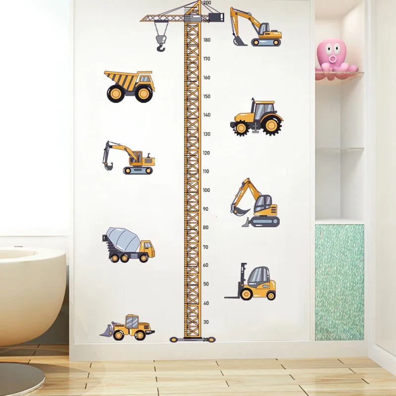 Height Stickers Construction Vehicle Tower Crane for Kids Room Kindergarten Baby Measuring Height Ruler Wall Stickers Boys Gift-HomeDecorDecals_com
