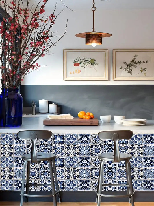 Blue Retro Pattern Self-Adhesive PVC Tile Stickers | Home Decor removable peel and stick wall decal by HomeDecorDecals.