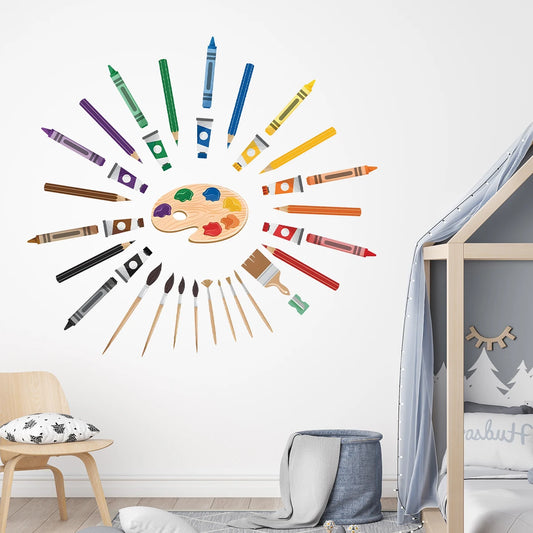 Cartoon Drawing Board and Brush Pattern Wall Decal | Kids Room Decor removable peel and stick wall decal by HomeDecorDecals.