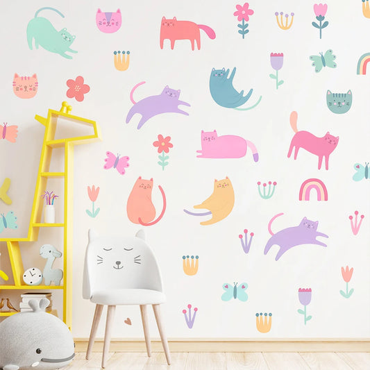 Cartoon Color Cat Wall Stickers for Girls Room Children Nursery Bedroom Wall Art Flower Butterfly Wallpaper Home Wall Decoration-HomeDecorDecals_com
