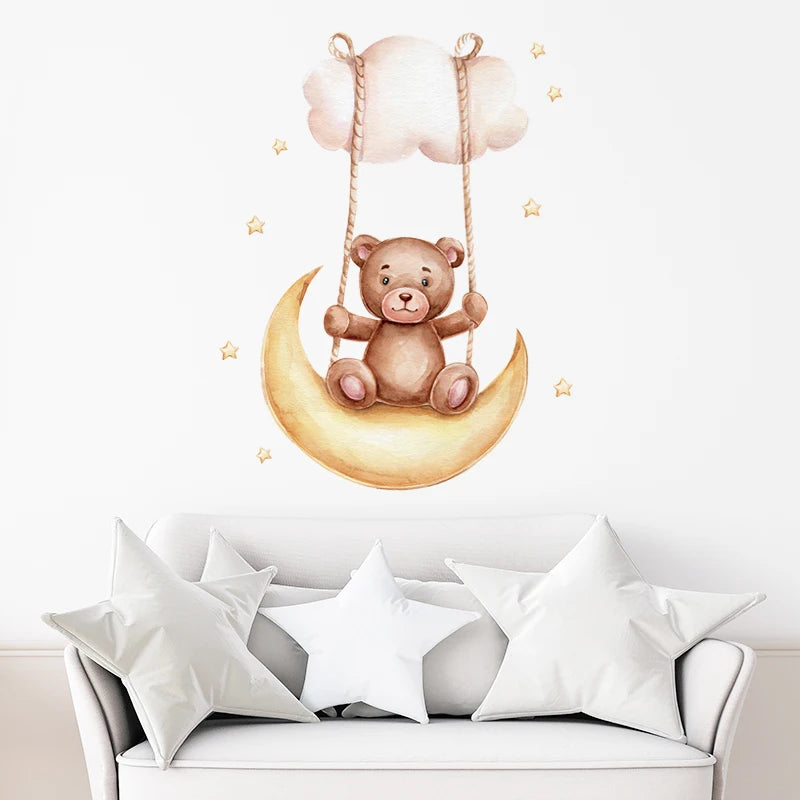 Cartoon Brown Bear Swing on the Moon Wall Stickers Baby Nursery Hand Paint Wall Decals Animals Decorative Stickers Home Decor-HomeDecorDecals_com