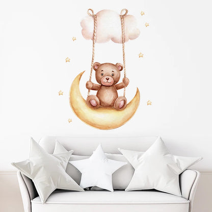 Cartoon Brown Bear Swing on the Moon Wall Stickers Baby Nursery Hand Paint Wall Decals Animals Decorative Stickers Home Decor-HomeDecorDecals_com