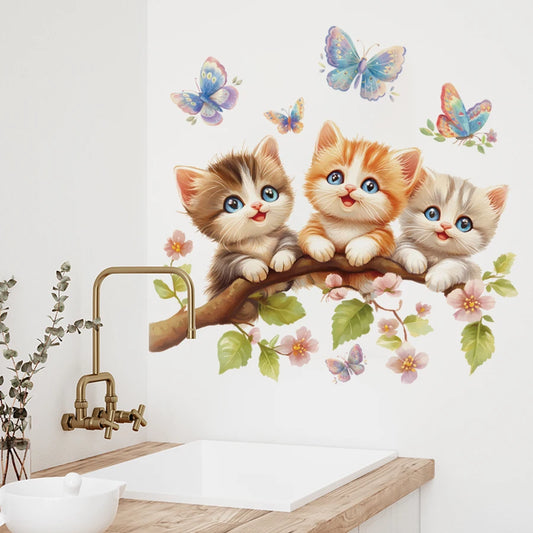 Cartoon Cute Cat on Tree Branch Wall Decal | Kids Room Decor removable peel and stick wall decal by HomeDecorDecals.