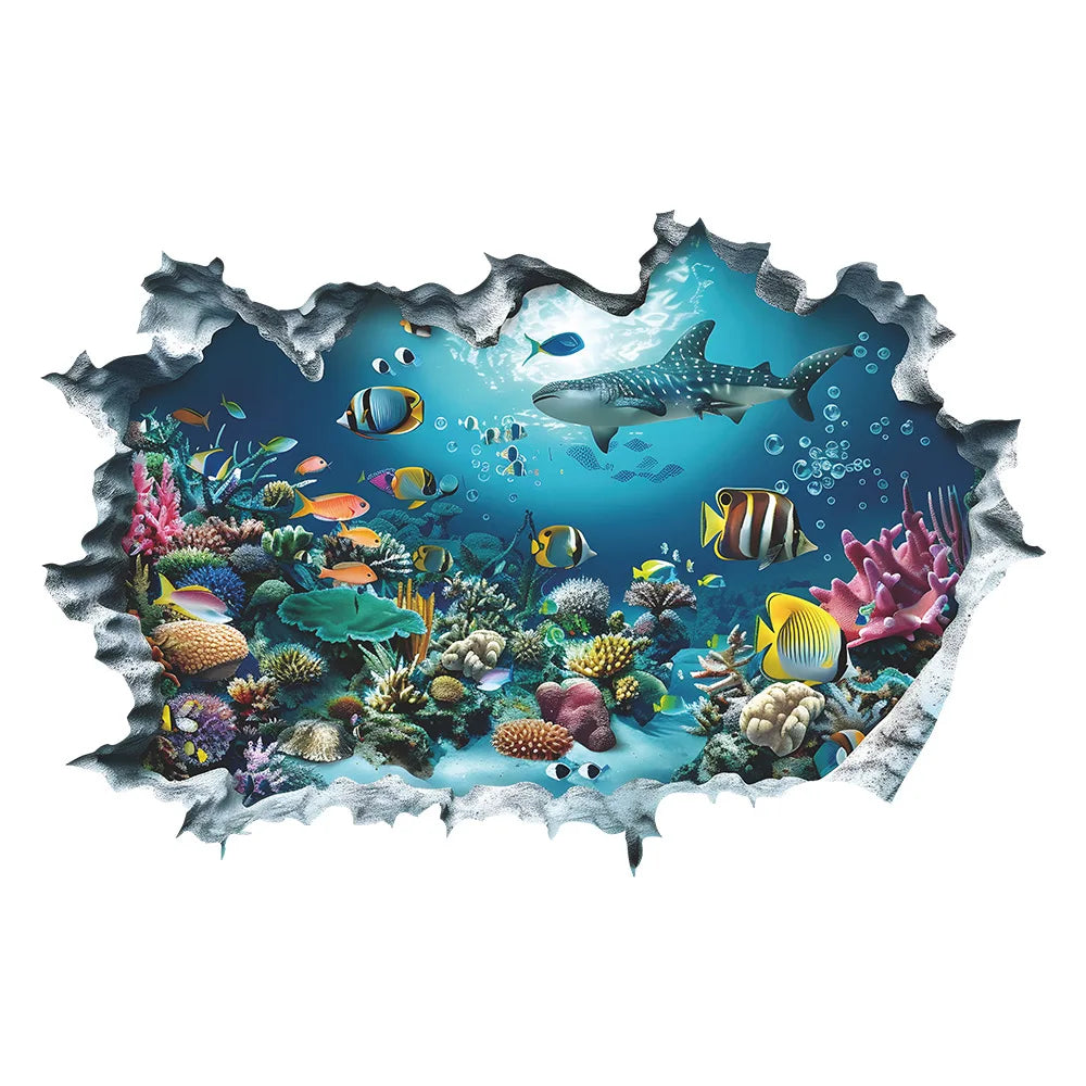 3D Shark Breaking Wall Decal Ocean Underwater World Mural Self-Adhesive Wall Sticker for Bedroom Living Room Home Decoration-HomeDecorDecals_com