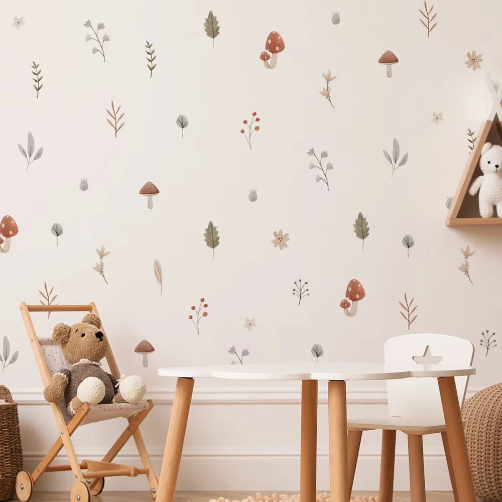 Boho Cartoon Mushroom and Leaves Wall Decal | Home Decor by HomeDecorDecals.