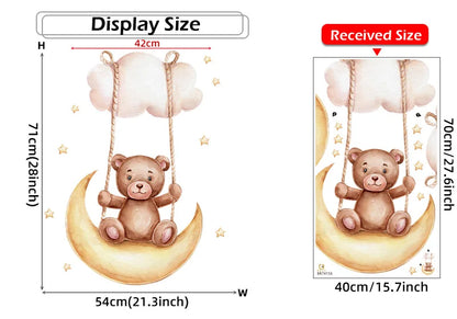 Cartoon Brown Bear Swing on the Moon Wall Stickers Baby Nursery Hand Paint Wall Decals Animals Decorative Stickers Home Decor-HomeDecorDecals_com