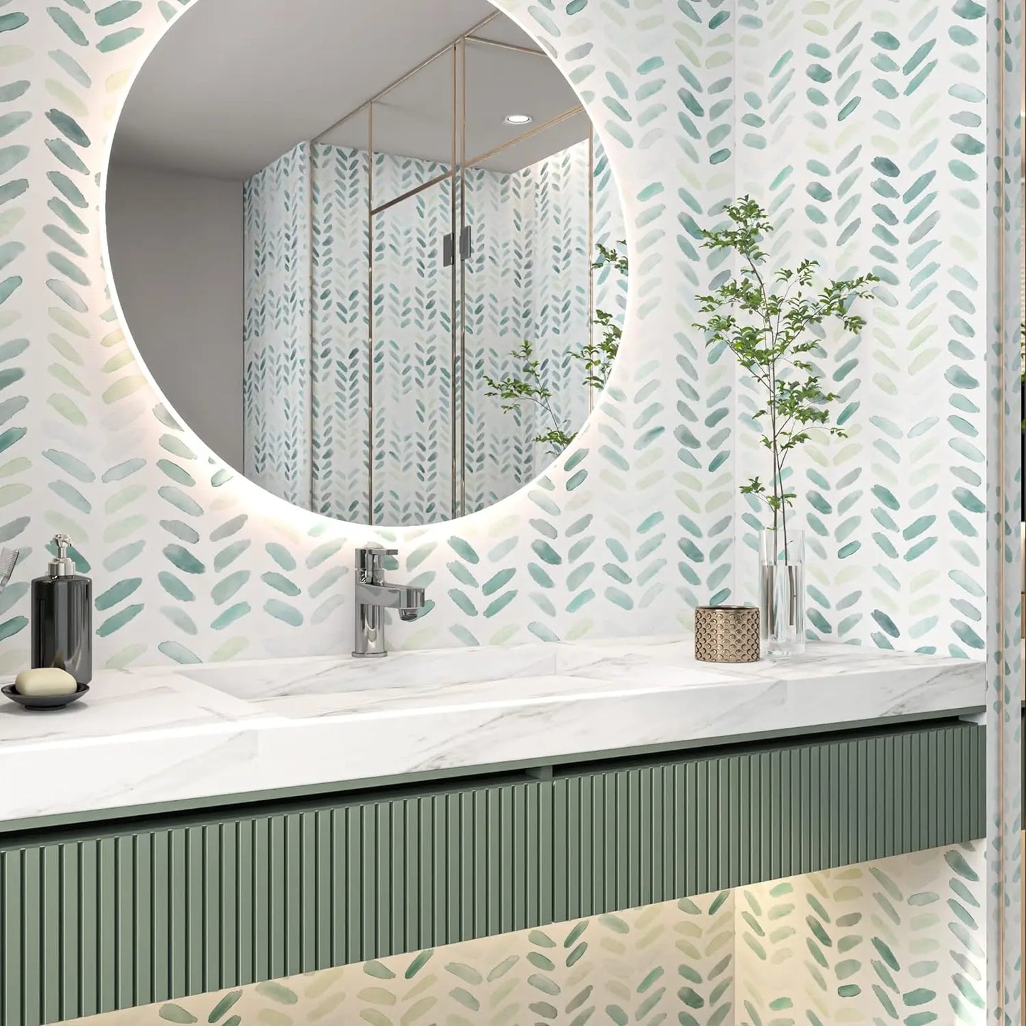 Close-up view of Green White Leaves Wallpaper | Home Decor by HomeDecorDecals.