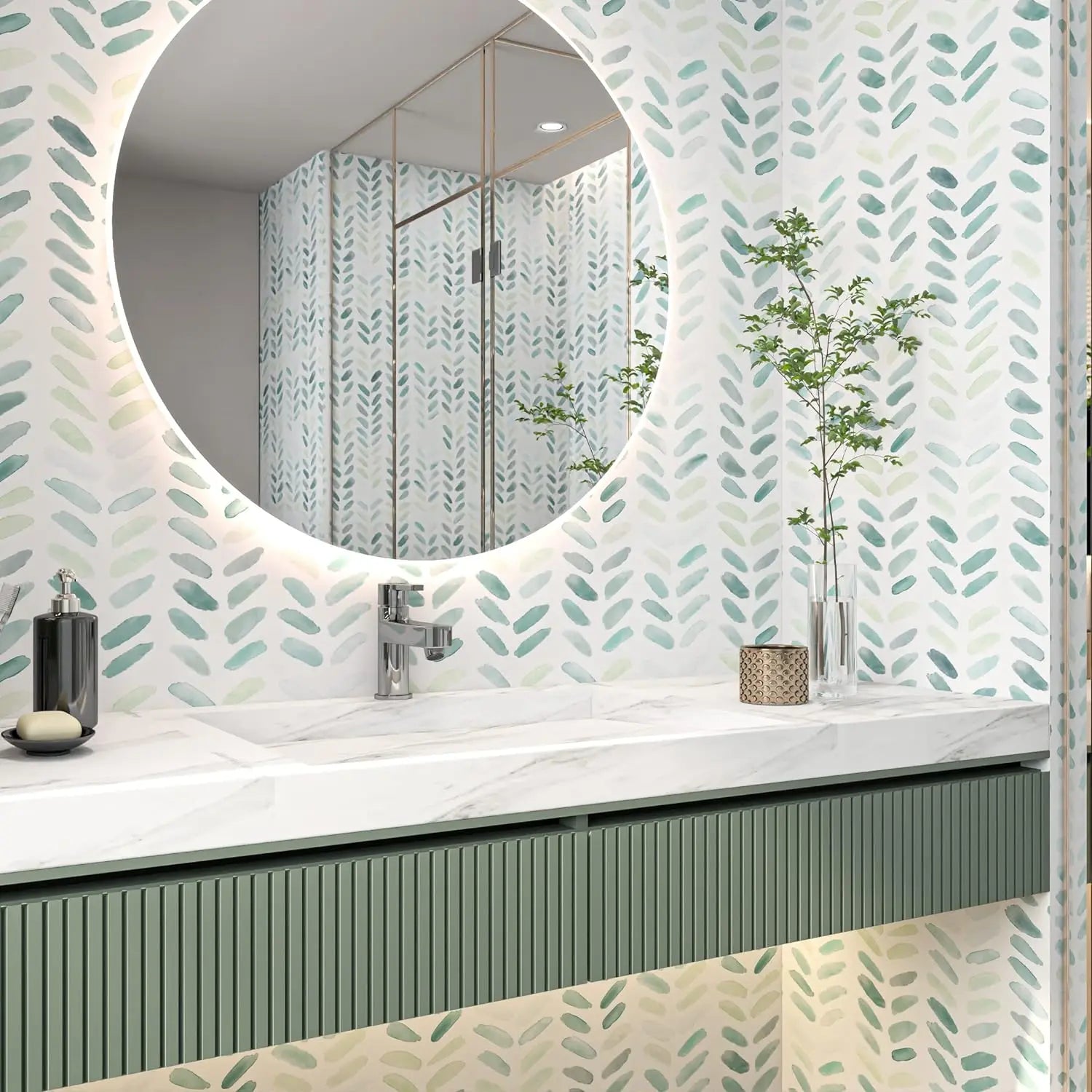 Close-up view of Green White Leaves Wallpaper | Home Decor by HomeDecorDecals.