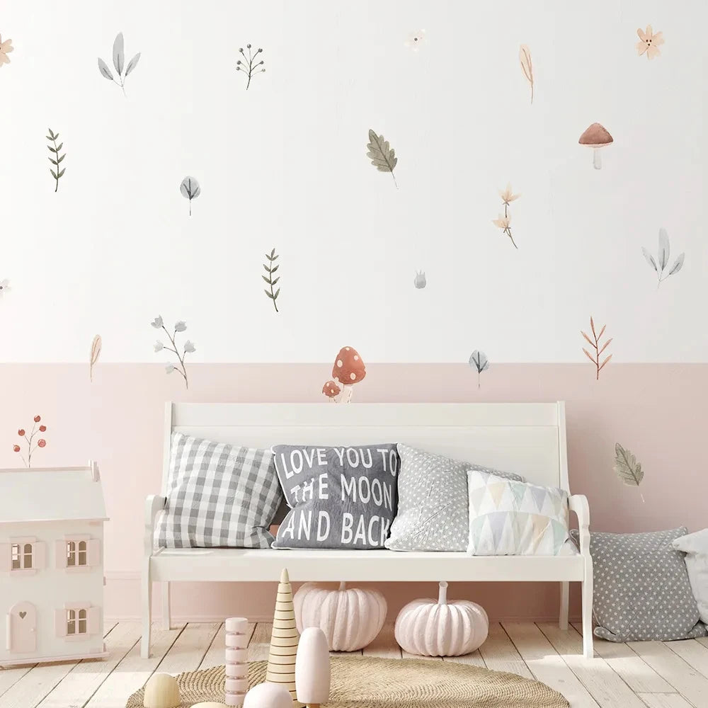 Close-up view of Boho Cartoon Mushroom and Leaves Wall Decal | Home Decor by HomeDecorDecals.