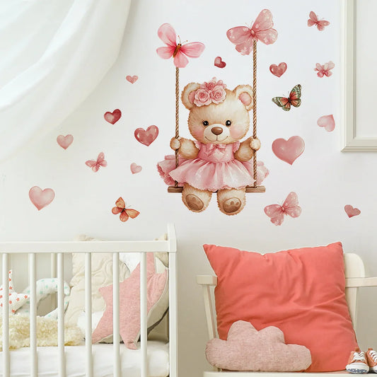 Cartoon Bear Swing and Butterfly Wall Decal | Kids Room Decor removable peel and stick wall decal by HomeDecorDecals.