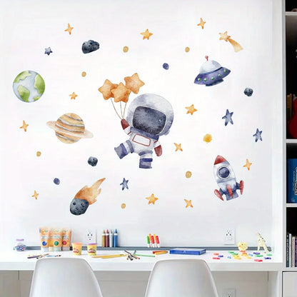 Cartoon Cute Astronaut Spaceship Rocket Planet Star Space Wall Stickers for Bedroom Living Room Nursery Decoration Wall Decal-HomeDecorDecals_com