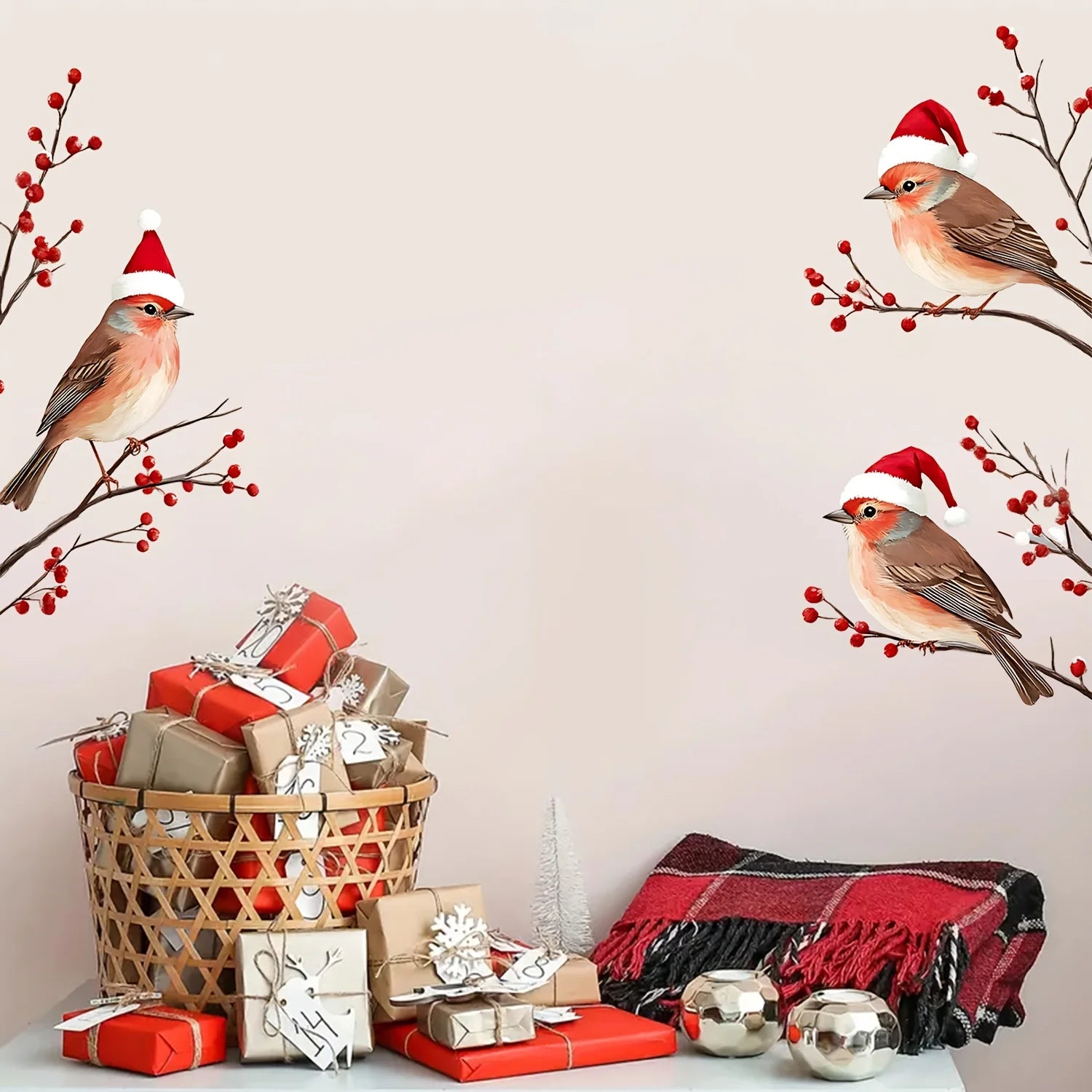 1PC Three Birds in Santa Hats Window Stickers Christmas Theme Red Berry Branches Decorative Wall Stickers for Glass and Window-HomeDecorDecals_com