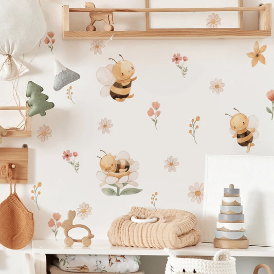 Boho Cartoon Bee Flowers Wall Decal for Kids-HomeDecorDecals_com