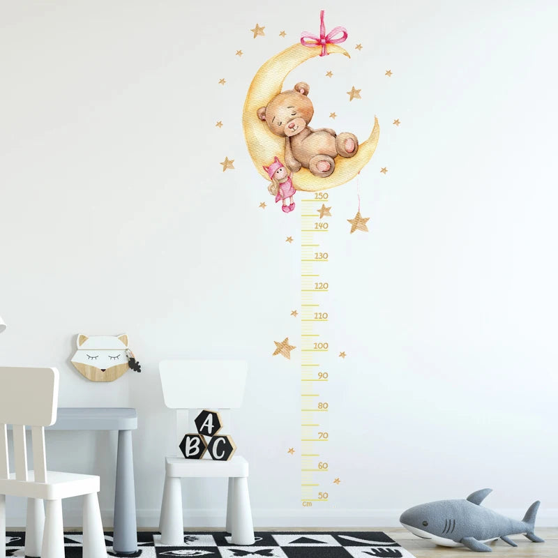 Large Sleeping Elephant Bear Moon Height Measure Wall Stickers for Kids Room Growth Chart Animals Ruller Wall Decals Home Decor-HomeDecorDecals_com