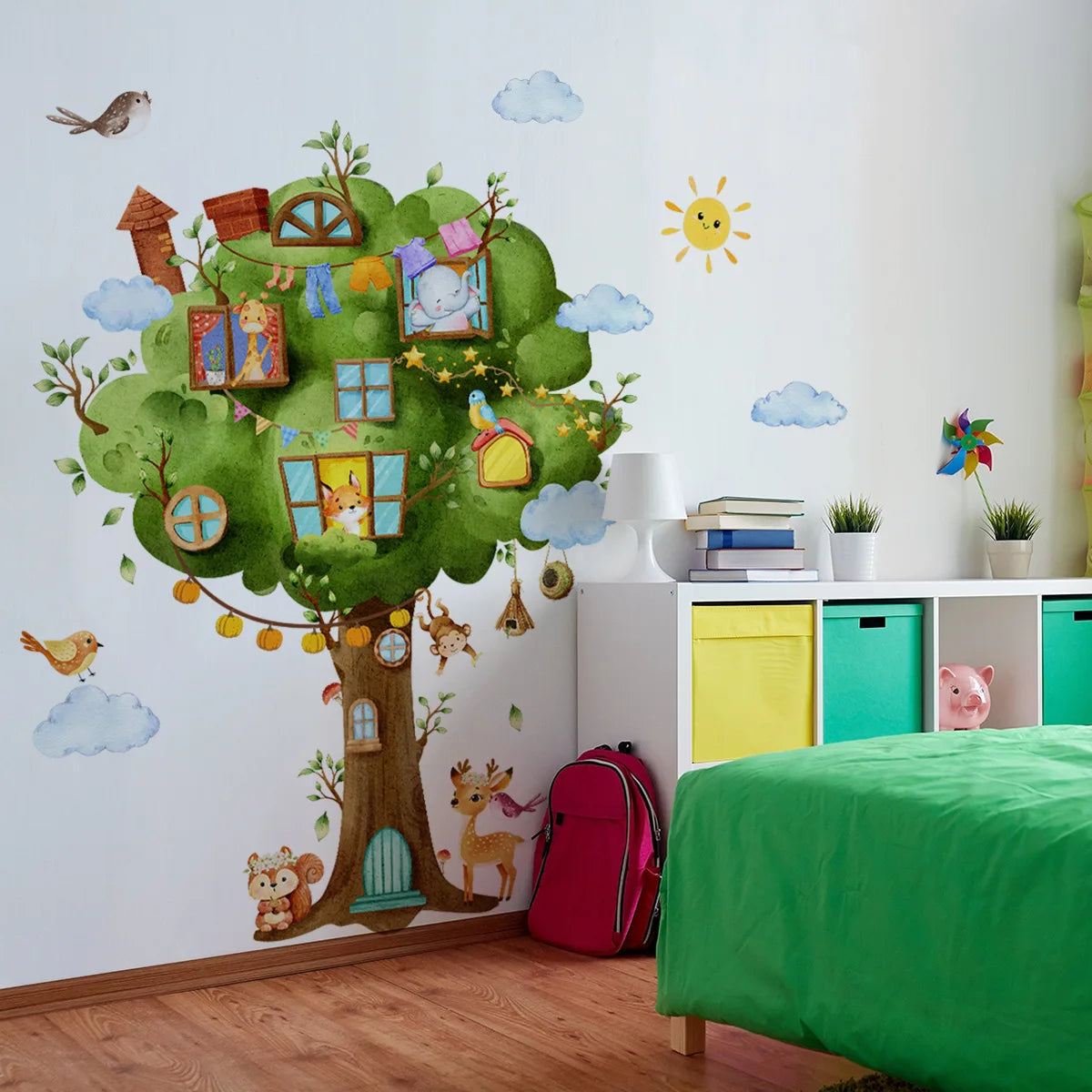 Tree Treasure Box Cloud Cute Animal Creative Wall Stickers Bedroom Living Room Background Kindergarten Decoration Self Adhesive-HomeDecorDecals_com