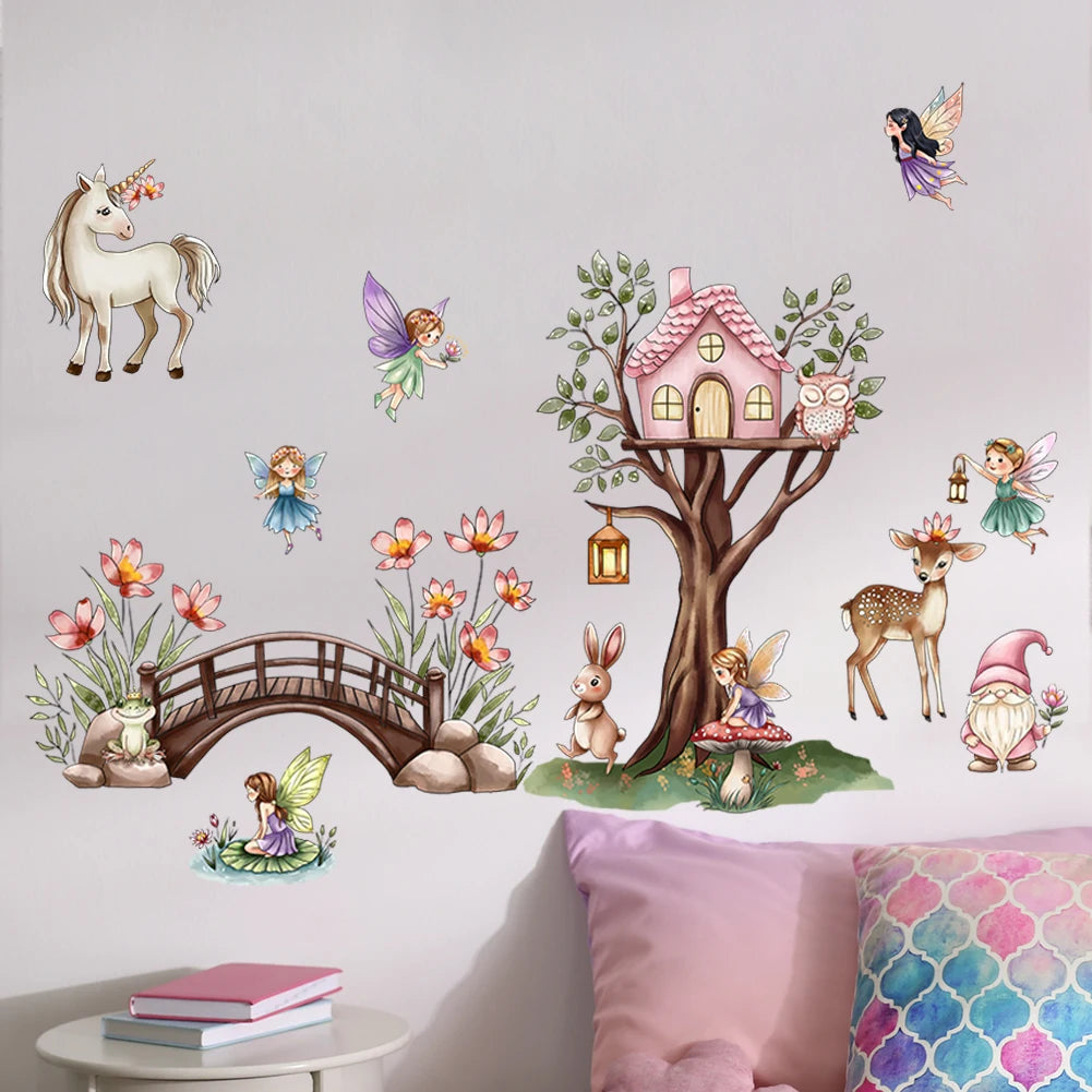 Unicorn Flower Fairy Wall Stickers In The Forest Are Used For Artistic Home Decoration In Baby Daycare And Children's Rooms-HomeDecorDecals_com