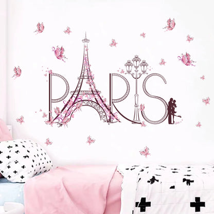 1Pc Eiffel Tower Couple Hug Pink Butterflies Wall Stickers Living Room Decoration Bedroom Wall Decals Kids Home Decor-HomeDecorDecals_com