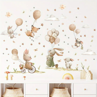 Cartoon Cute Rabbit Fox Balloon Grassland Forest Animal Wall Stickers for Bedroom Living Room Nursery Decoration Wall Decals-HomeDecorDecals_com