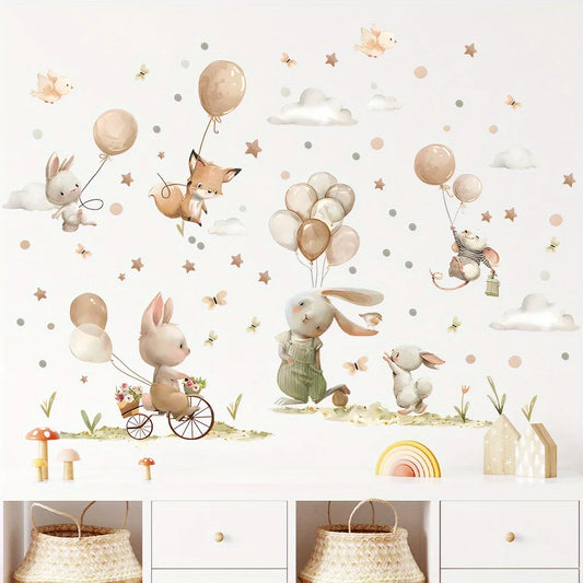 Cartoon Cute Rabbit Fox Balloon Grassland Forest Animal Wall Stickers for Bedroom Living Room Nursery Decoration Wall Decals-HomeDecorDecals_com