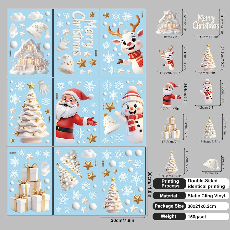 9 sheets/set Green Christmas Window Clings With Santa Penguin Reindeer Tree Static Cling Stickers For Kids' Room Window-HomeDecorDecals_com