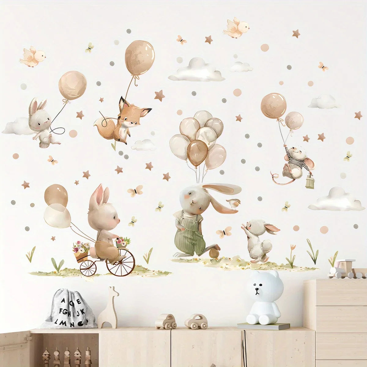 Cartoon Cute Rabbit Fox Balloon Grassland Forest Animal Wall Stickers for Bedroom Living Room Nursery Decoration Wall Decals-HomeDecorDecals_com