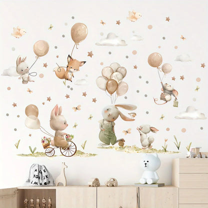 Cartoon Cute Rabbit Fox Balloon Grassland Forest Animal Wall Stickers for Bedroom Living Room Nursery Decoration Wall Decals-HomeDecorDecals_com