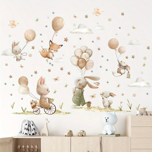 Cartoon Rabbit Fox and Balloon Grassland Wall Decal | Kids Room Decor removable peel and stick wall decal by HomeDecorDecals.