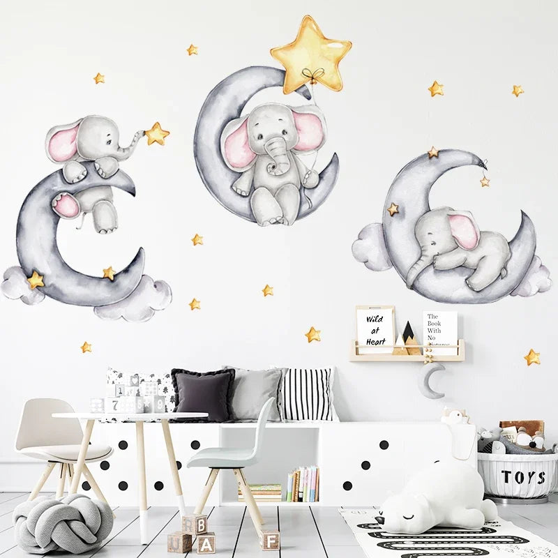 Cartoon Grey Baby Elephant Moon Gold Stars Wall Stickers for Kids Room Decor Nurserry Wall Decals Girl Boy Room Decorative-HomeDecorDecals_com