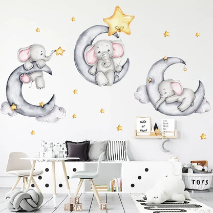 Cartoon Grey Baby Elephant Moon Gold Stars Wall Stickers for Kids Room Decor Nurserry Wall Decals Girl Boy Room Decorative-HomeDecorDecals_com