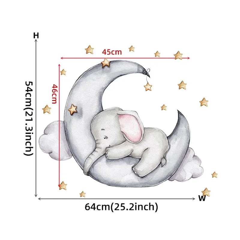 Cartoon Grey Baby Elephant Moon Gold Stars Wall Stickers for Kids Room Decor Nurserry Wall Decals Girl Boy Room Decorative-HomeDecorDecals_com
