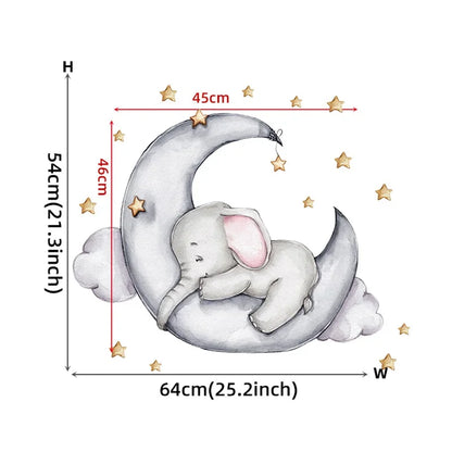 Cartoon Grey Baby Elephant Moon Gold Stars Wall Stickers for Kids Room Decor Nurserry Wall Decals Girl Boy Room Decorative-HomeDecorDecals_com
