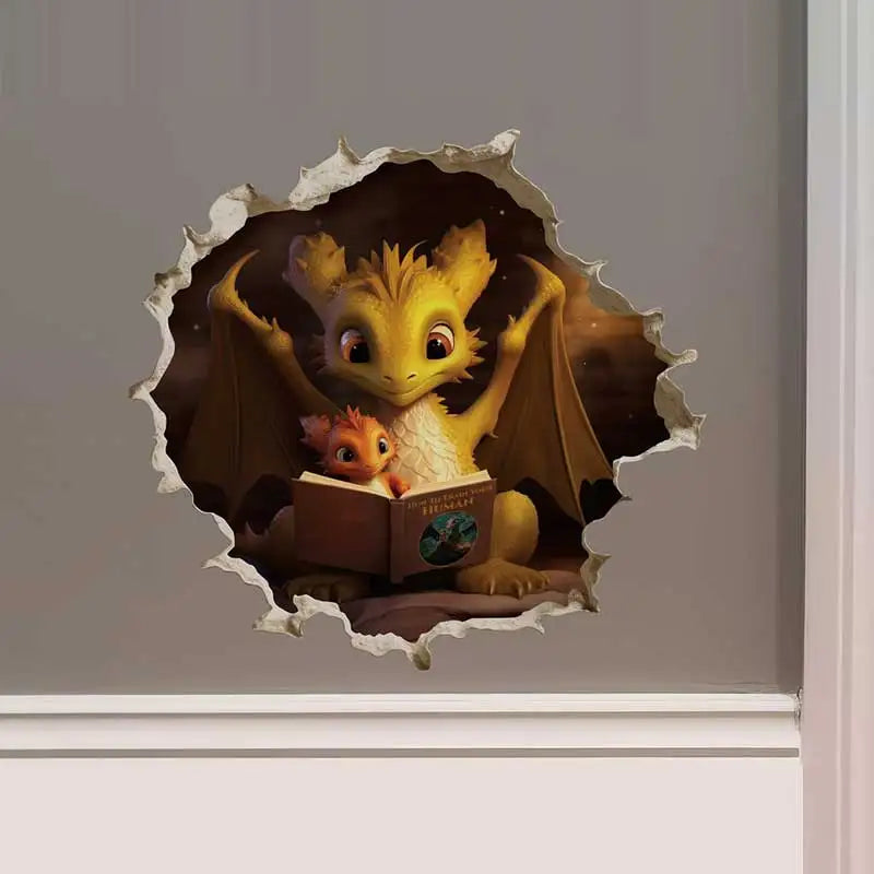 Dragon Parent and Child Reading in Wall Hole Decal | Home Decor by HomeDecorDecals.
