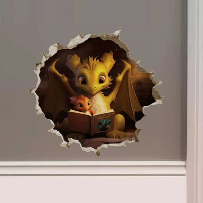 Dragon Parent and Child Reading in Wall Hole Decal | Home Decor by HomeDecorDecals.