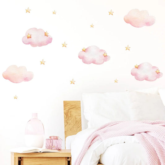 Watercolor 5pcs Pink Clouds Stars Wall Stickers for Baby Nursery Kids Room Girl Room Decoration Wall Decals PVC Removable Mural-HomeDecorDecals_com