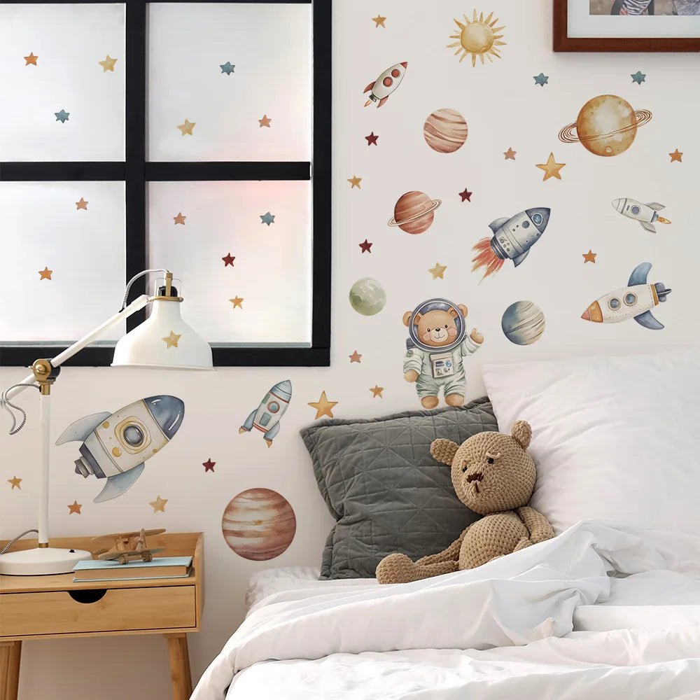 Cartoon Bear Astronaut Rocket Wall Stickers For Kids Room Background Decoration Mural Baby Bedroom Home Decor Removable Decals-HomeDecorDecals_com