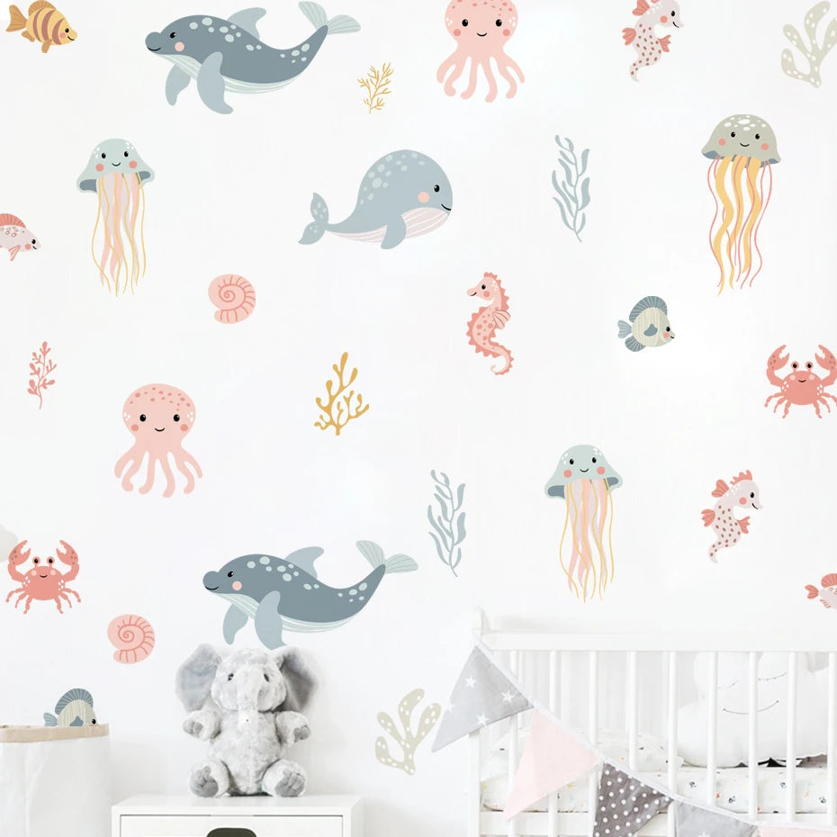 Watercolor Cartoon Ocean Fish Animal Wall Sticker Living Room Bedroom Sea Life Beach Landscape Wall Decal Home Decor-HomeDecorDecals_com