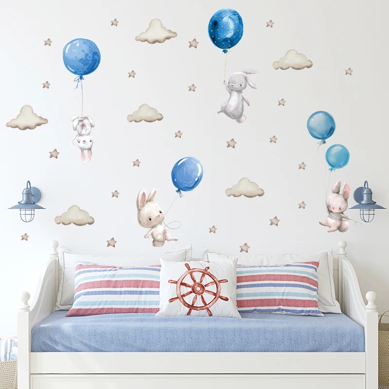 Bunny Baby Nursery Wall Stickers Cartoon Rabbit Swing on the Stars Wall Decals for Kids Room PVC Removable Stickers PVC DIY-HomeDecorDecals_com