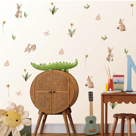 Bunnies and Flowers Wall Decal | Kids Room Decor removable peel and stick wall decal by HomeDecorDecals.