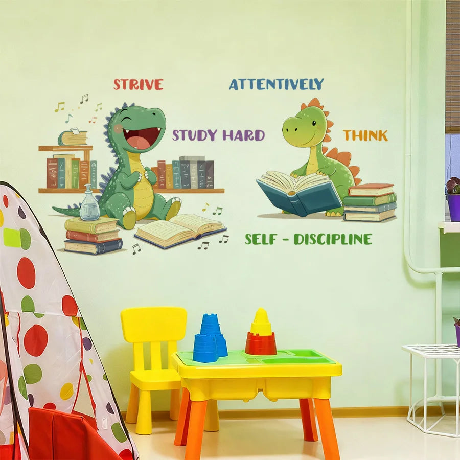 Educational Dinosaur Wall Stickers STRIVE STUDY HARD ATTENTIVELY THINK Learning Decor For Classroom Living Room Playroom-HomeDecorDecals_com