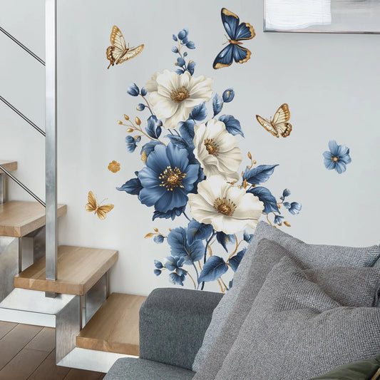 Simulated 3D Blue White Flowers Wall Decals Walls Vinyl Wall Art Decals Decor for Bedroom Living Room Decorations-HomeDecorDecals_com