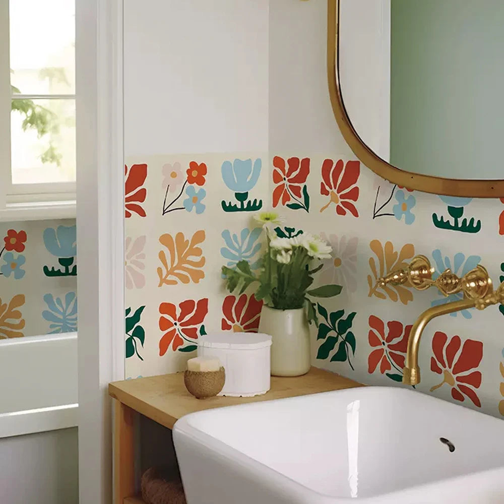 Close-up view of Peel and Stick Abstract Floral Backsplash Tile Decal | Home Decor by HomeDecorDecals.
