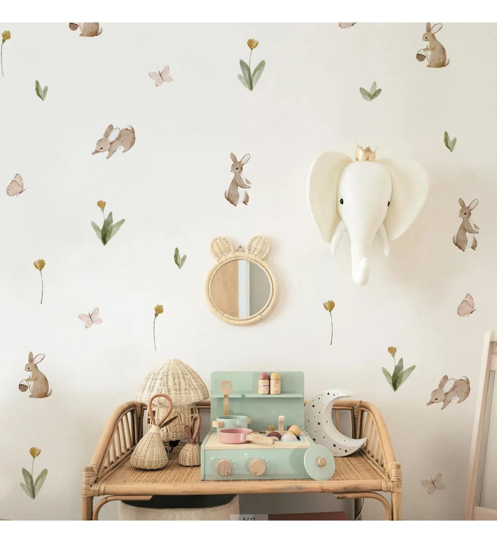 Summertime Watercolor Cute Bunnies and Flowers Nursery Wall Decal, Peel and Stick Reusable and Removable Kids Wall Stickers-HomeDecorDecals_com