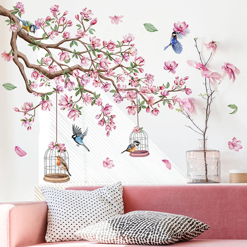 Pink Peach Blossom Bird Wall Sticker PVC Self-Adhesive Floral Wall Decal-HomeDecorDecals_com