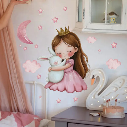 Cute Cartoon Girl Hugging Rabbit Wall Sticker Nursery Kids Room Decor Removable Self-Adhesive Home Art Decal-HomeDecorDecals_com