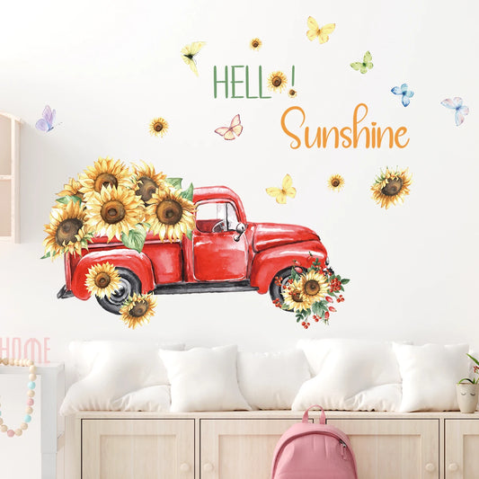 Watercolour Pickup Truck Sunflower Pattern Wall Decal | Home Decor by HomeDecorDecals.