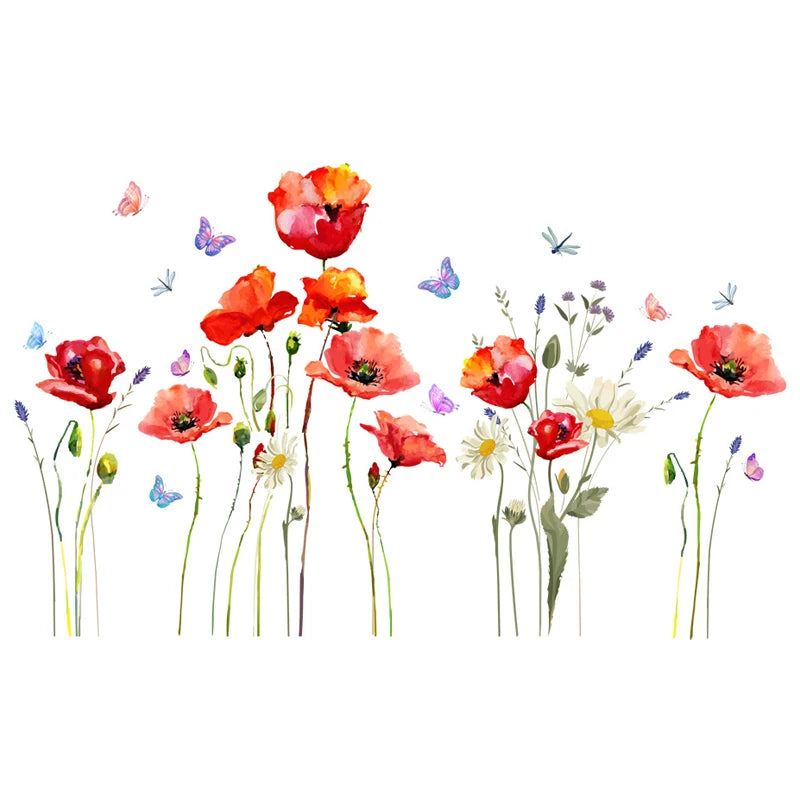 Close-up view of Red Flowers PVC Wall Decal | Room Decor by HomeDecorDecals.