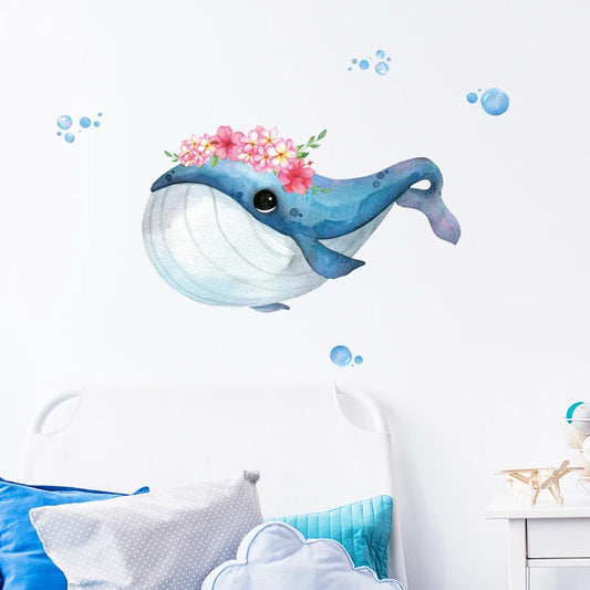 Coral Flower and Blue Whale Wall Decal | Kids Room Decor removable peel and stick wall decal by HomeDecorDecals.