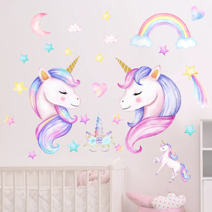 Cartoon Rainbow Moon Stars Unicorn Wall Decals For Kids (2pcs)-HomeDecorDecals_com